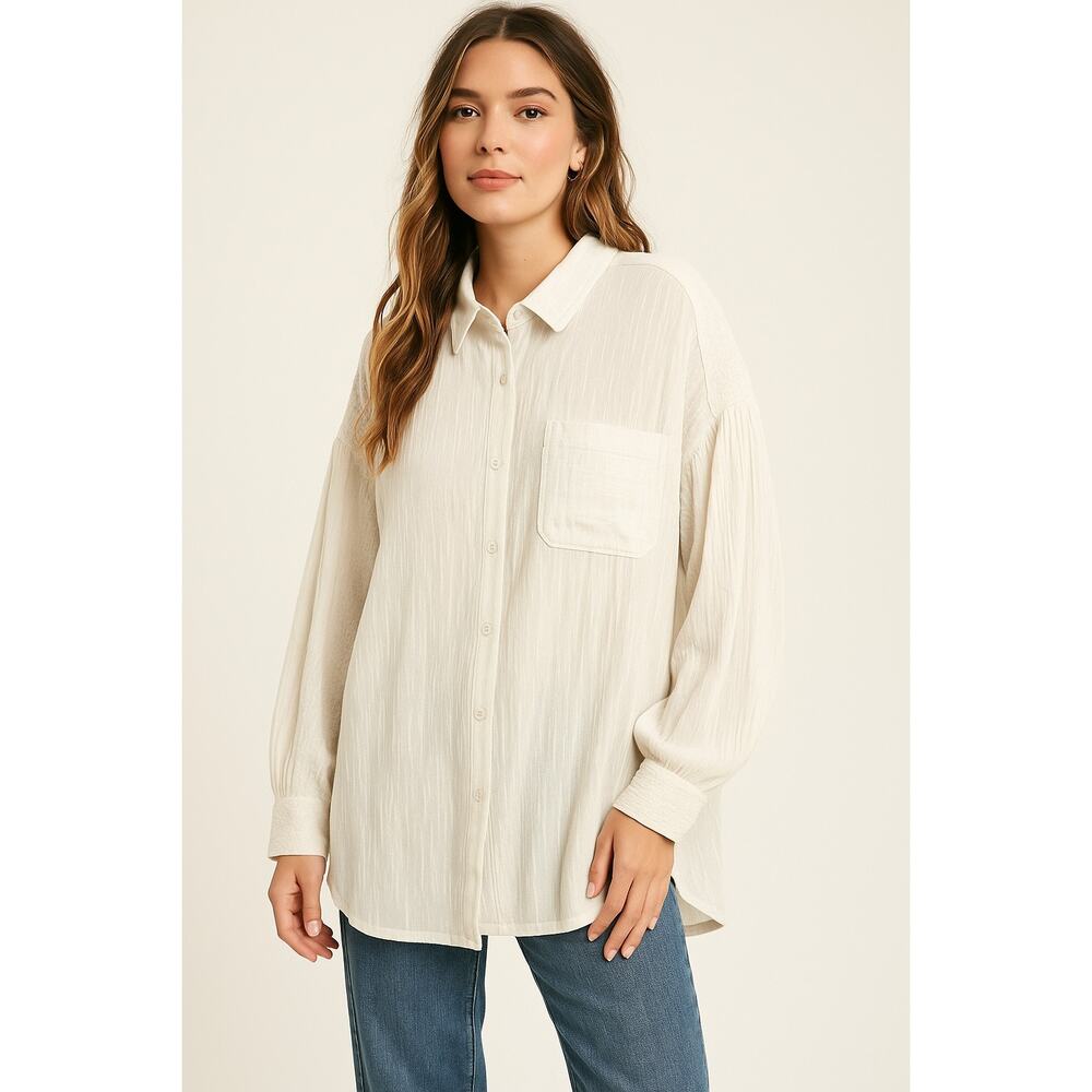 Eesome White Gauze Waffle Knit Long Sleeve Button Up Shirt Women’s Large Beach